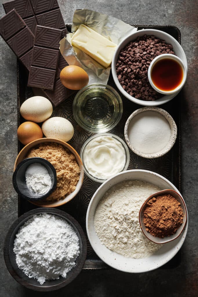 Ingredients for chocolate crinkle cookies.