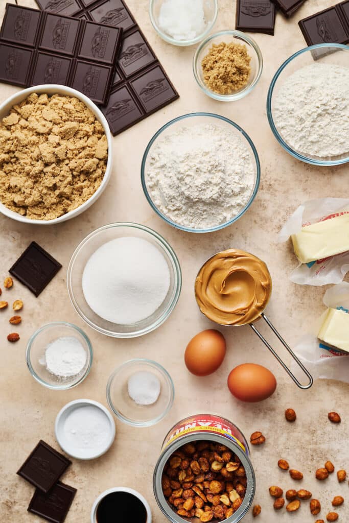 Ingredients for peanut butter cookie recipe on a table.