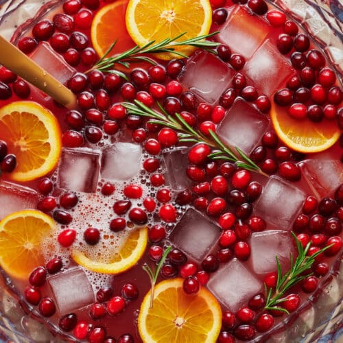 A punch bowl full of Christmas punch topped with fresh cranberries, orange slices, and rosemary.