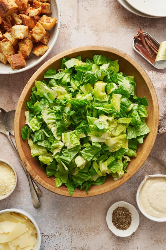 Romaine lettuce chopped in a bowl for Caesar salad.
