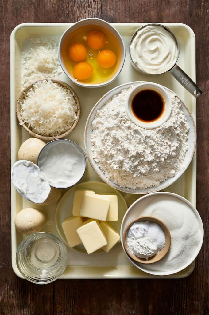 Ingredients for coconut cake recipe.